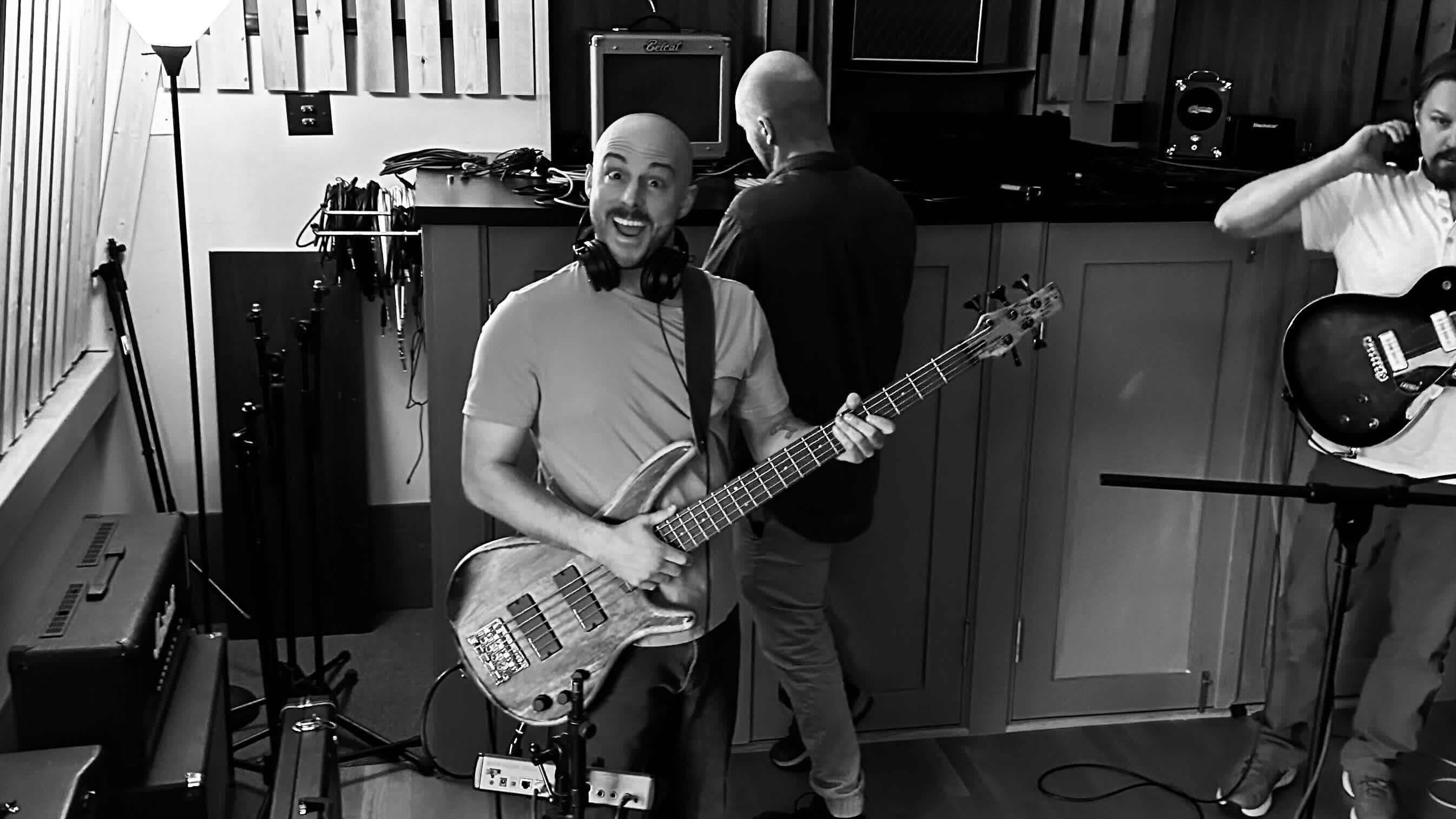 Tony Pretucci, in the studio between tracks, looking like he's having a damn good time.